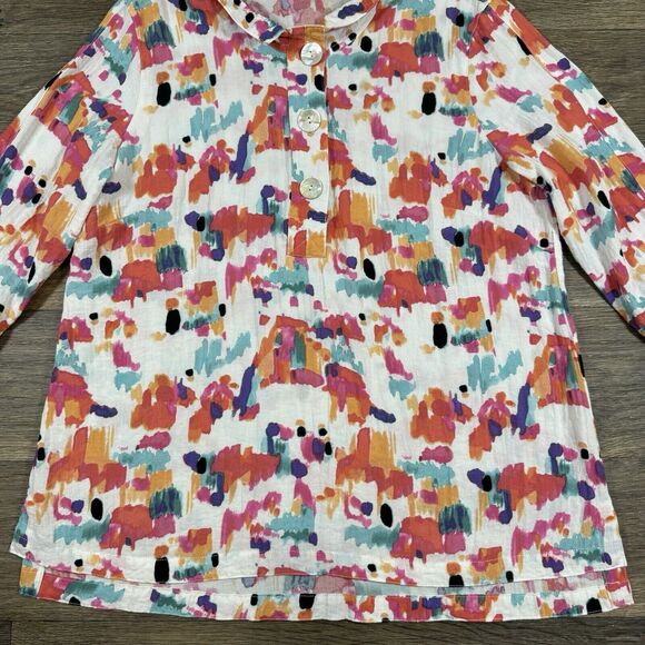 John Mark Abstract Floral Button Down Top Stand Wire Collar Tied 3/4 Sleeve Sz L - Picture 3 of 11